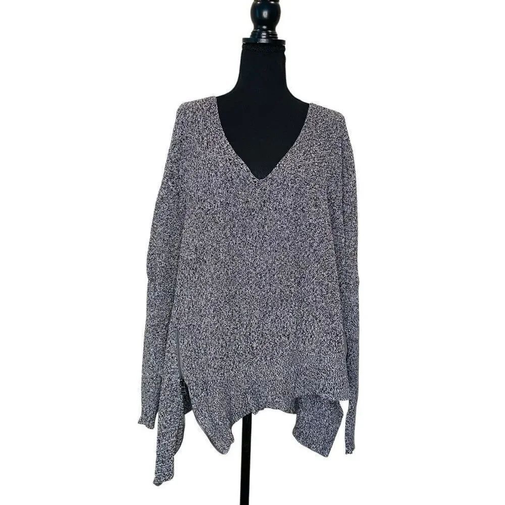 Express V-Neck Zippered Slit Oversized High-Low Pullover Sweater Gray Large